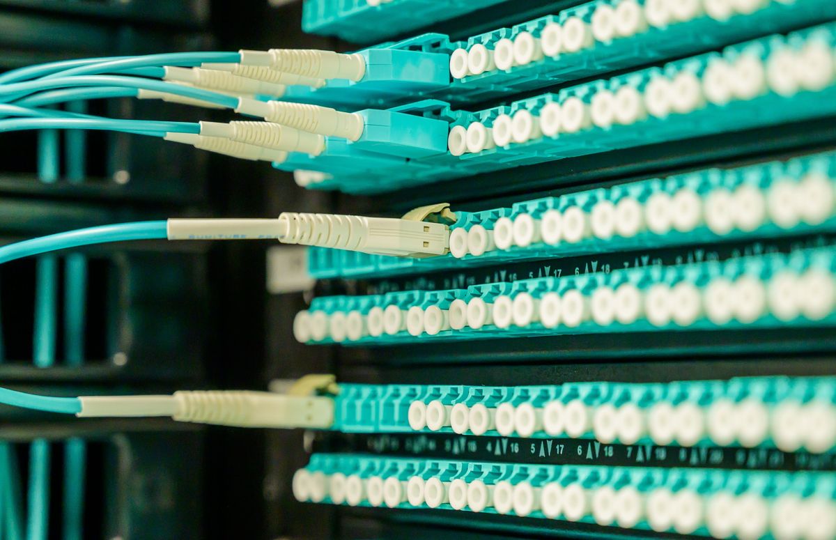 Licensed stock photograph: aqua fiber patch cords landed in the ports of a rack-mounted patch panel.