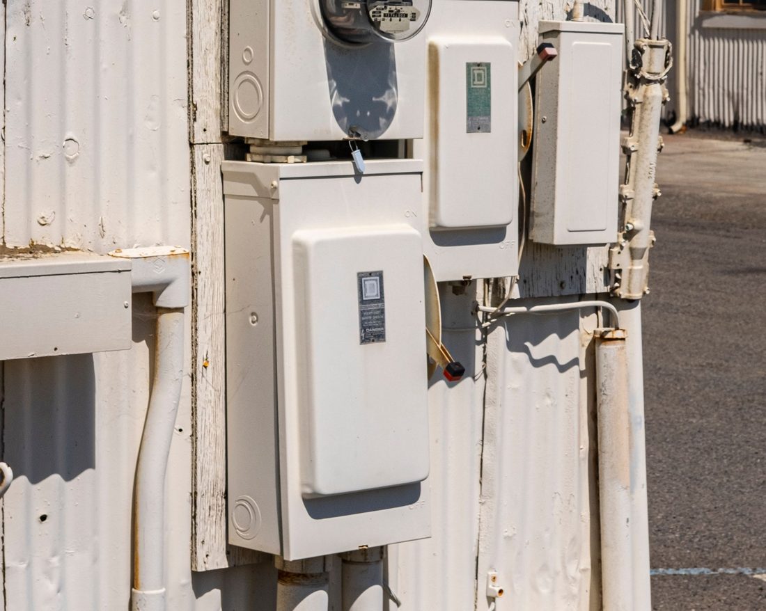 Licensed stock photograph: a meter, two safety switches and rigid conduit mounted on the outside wall of a commercial building.